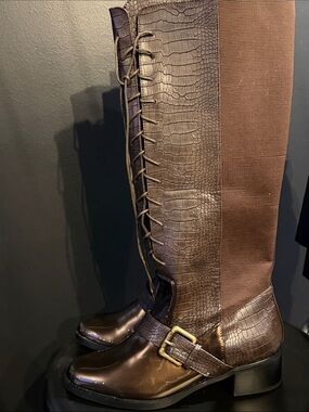 June by June Ambrose Brown Faux-Croc Riding Boots with Lace Front